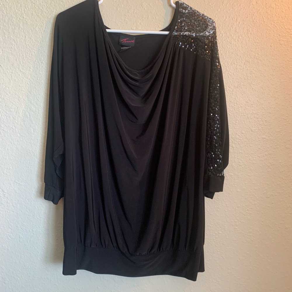 Torrid Black Draped Top with Sequin Shoulder